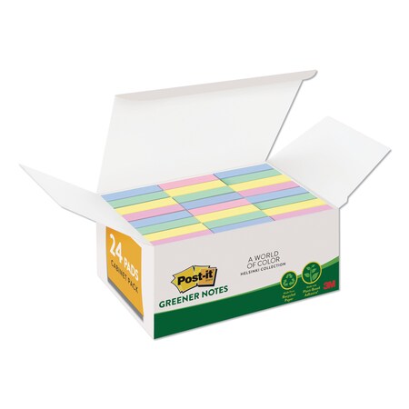 Post-It Recycled Note Pads, 1 3/8x1 7/8, Plain, Helsinki Colors, 100-Sht, PK24 65324RPVAD
